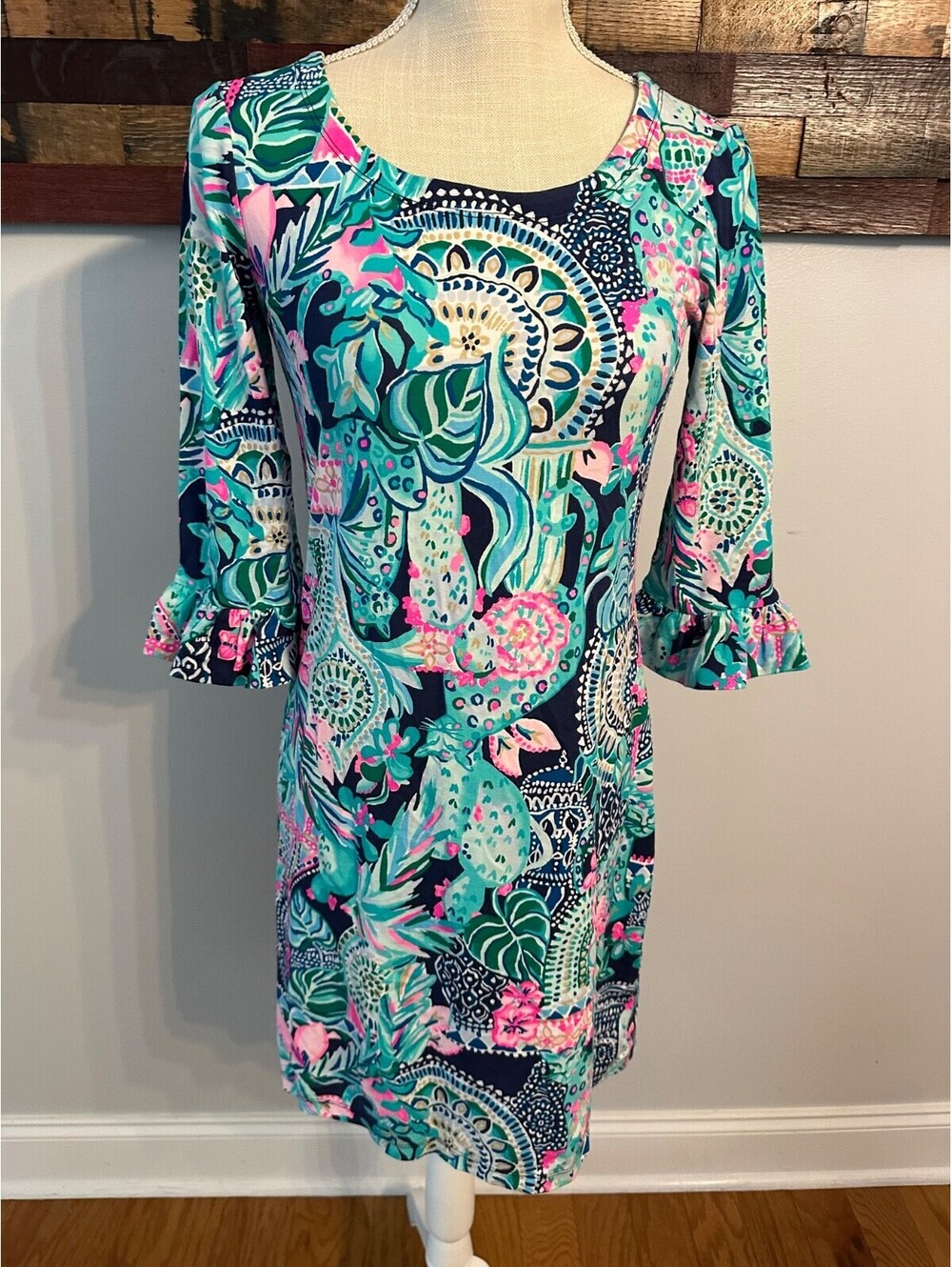 Lilly Pulitzer Sophie Ruffle Dress  Lookin Sharp Shift 3/4 Sleeve Boho Resort S